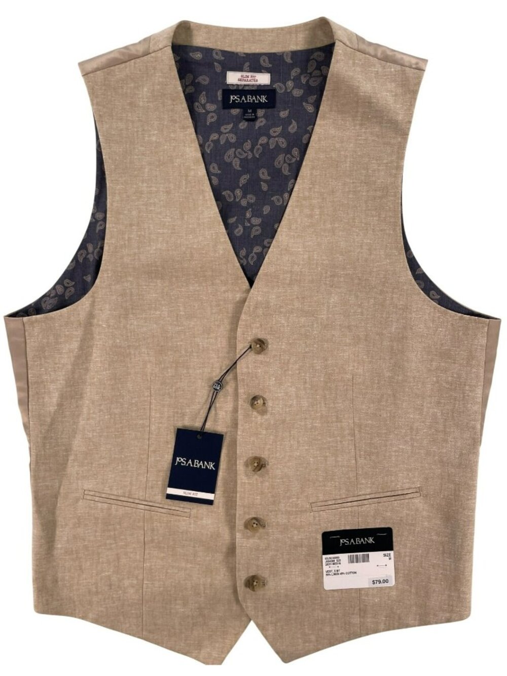 Jos. A. Bank Vest Mens Slim Fit Linen-Cotton Beige 5 Button Men's Size M NEW - Picture 1 of 7